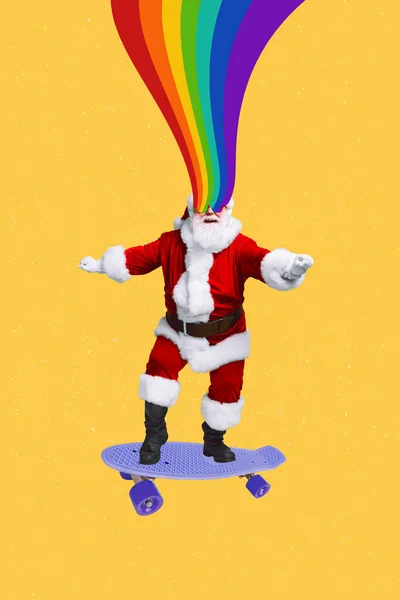 Новогодний Коллаж Забавных Санта Клоунов Радужными Цветами Катается Быстром Скейт — стоковое фото