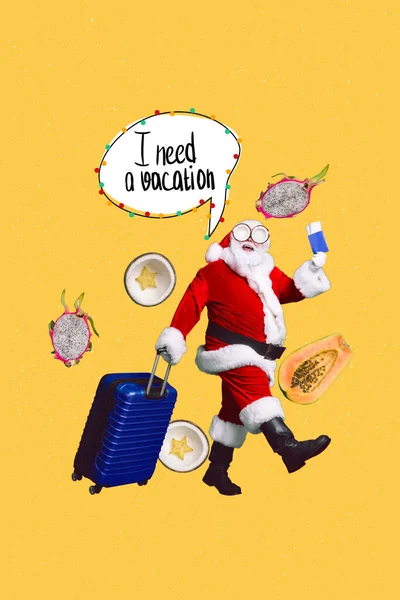 面白いクリスマス祖父聖人ニコラス衣装のコラージュ写真旅行手荷物ビザパスポート黄色の背景に隔離された休暇を必要とする — ストック写真