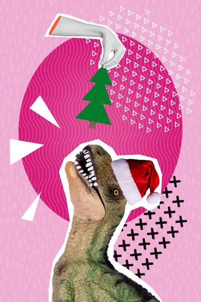 Collage Foto Strano Dinosauro Babbo Natale Cappello Godere Mangiare Natale — Foto Stock