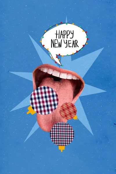 Mas Brochura Colagem Pessoas Absurdas Boca Falando Feliz Ano Novo — Fotografia de Stock