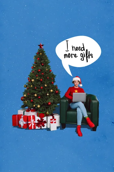 Colagem Foto Cartaz Jovem Positivo Santa Claus Ajudante Senhora Usar — Fotografia de Stock