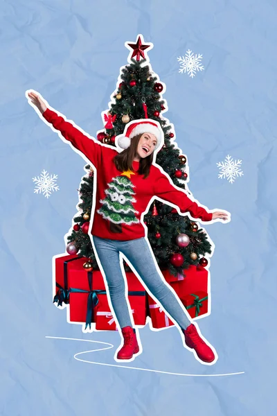 Újévi Banner Kollázs Vicces Funky Lány Táncol Hagyományos Karácsonyi Esemény — Stock Fotó