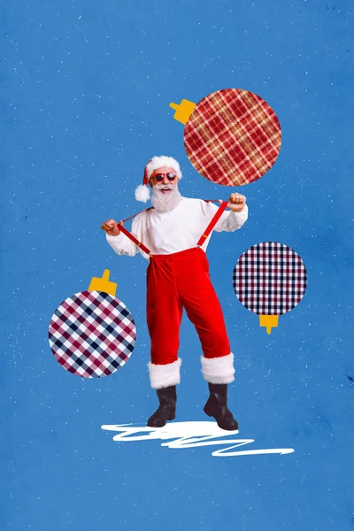 大写字母照片海报广告老年男子穿着吊带衫凉快的圣诞灯笼裤享受圣诞假期与世隔绝的新年背景 — 图库照片