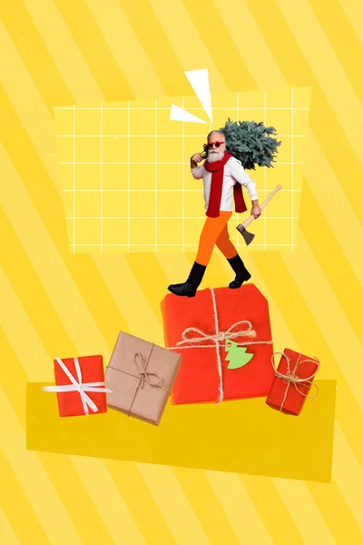 Colagem Foto Confiante Profissional Lenhador Santa Claus Trazer Corte Árvore — Fotografia de Stock