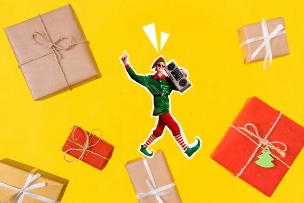 Collage picture of young excited cool man wear green elf costume hold boombox showing v-sign enjoy xmas gifts isolated on yellow color background.