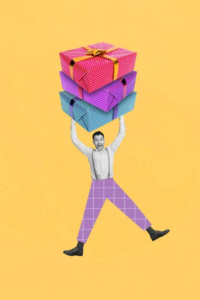 Kolaż Zdjęcie Młodego Człowieka Nosić Fioletowe Spodnie Skaczące Powietrze Stosu — Zdjęcie stockowe