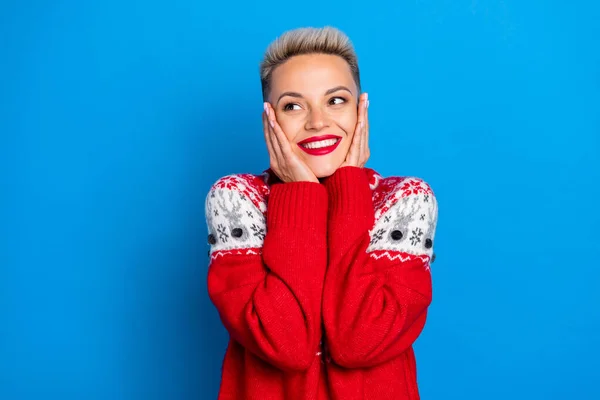 Photo Youngster Positive Short Blonde Haircut Woman Wear Red Ugly — Stock Photo, Image