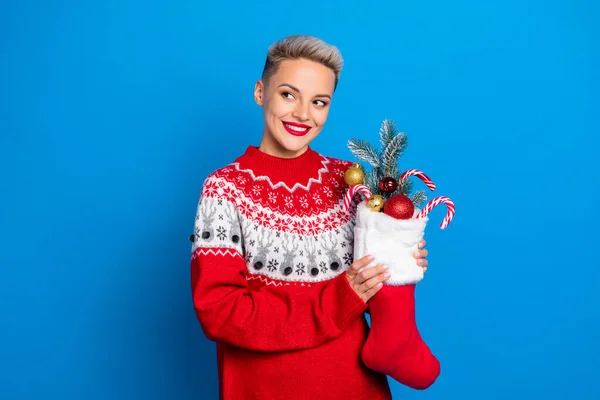 Portrait Nice Woman Short Hairdo Hold Christmas Sock Full Candies — Stok Foto