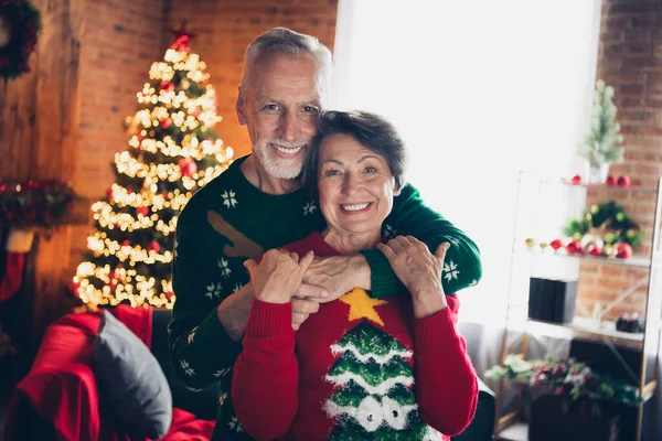2人のソウルメイトの肖像画あなたの笑顔抱きしめるクリスマスの奇跡のガーランド照明を屋内で楽しむ — ストック写真