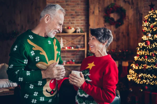 Photo of two peaceful aged people hands hold hot tea mug speak communicate enjoy newyear atmosphere house indoors.