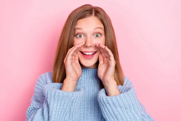 Closeup Portrait Funny Excited Schoolgirl Dress Blue Knitwear Hands Mouth — Stock Photo, Image