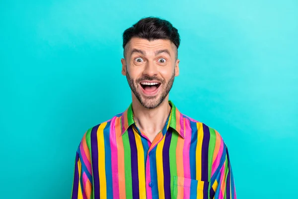 Portrait Ecstatic Cheerful Guy Brunet Haircut Wear Colorful Shirt Impressed — Stock Photo, Image