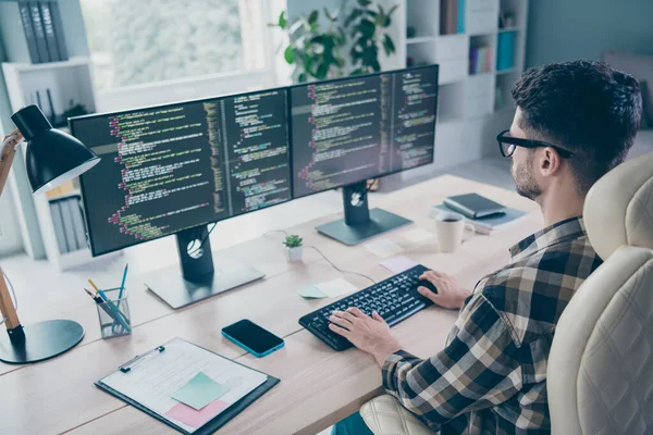 Photo Confident Busy Programmer Wear Spectacles Typing Keyboard Framework Indoors — Stock Photo, Image