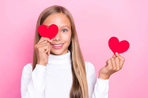Portrait Cute Sweet Girl Hands Hold Little Paper Heart Symbols — Stock Photo, Image