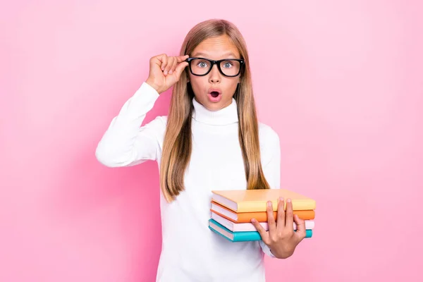 Portrait Impressed Speechless Schoolkid Hand Touch Eyewear Open Mouth Isolated — Stock Photo, Image