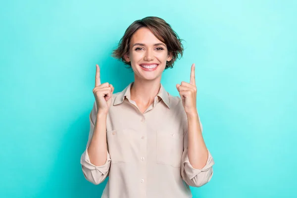 Photo Successful Confident Businesswoman Wear Shirt Toothy Smile Cieszyć Się — Zdjęcie stockowe