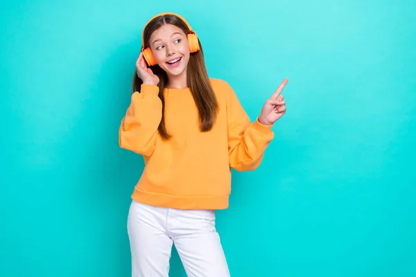 Photo Youngster Teenager Wear Trendy Orange Sweatshirt Finger Directing Mockup — Stock Photo, Image