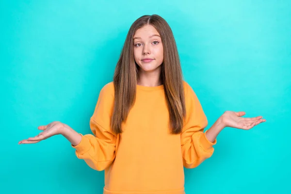 Photo Beautiful Schoolgirl Teenager Wear Yellow Trendy Pullover Shrug Shoulders — Stock Photo, Image