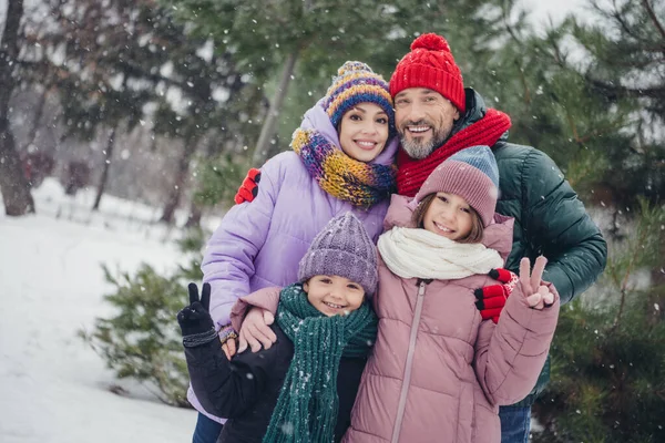 Barışçıl Aile Fotoğrafı Işaretini Göster Kar Yağışının Tadını Çıkar — Stok fotoğraf