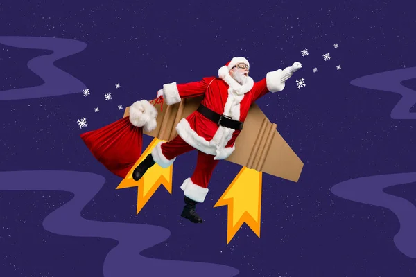 Criativa Foto Colagem Ilustração Positivo Engraçado Despreocupado Santa Claus Segurar — Fotografia de Stock