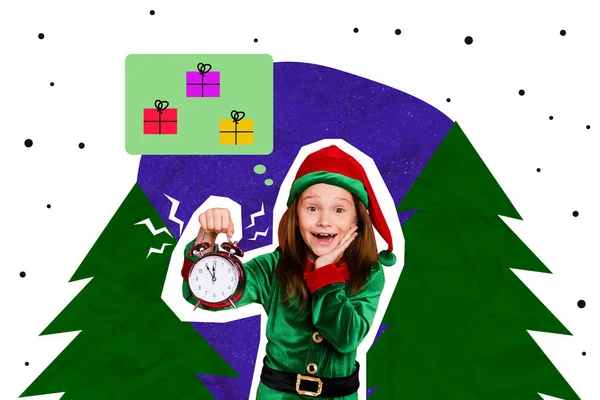 Creative Photo Collage Illustration Funny Positive Cheerful Kid Elf Costume — Stock Photo, Image