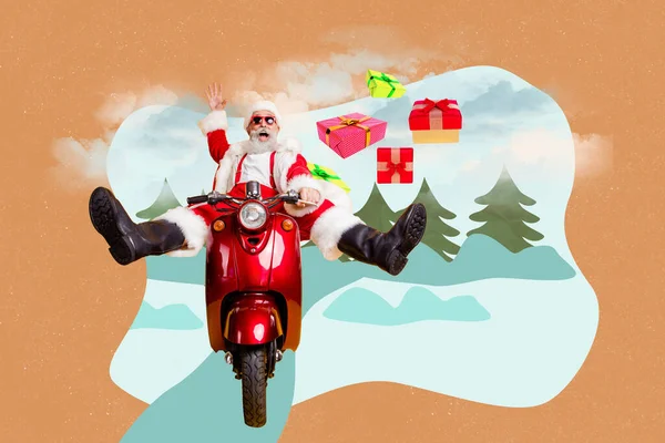 Illust Foto Collage Postkarte Posterbild Von Verrückten Weihnachtsmann Eilen Nachtabendfahrt — Stockfoto