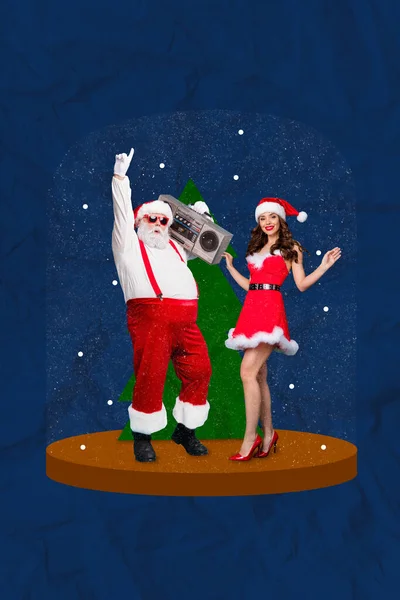 Vertical Creative Photo Collage Picture Cheerful Santa Claus Girl Dancing — Stock Photo, Image
