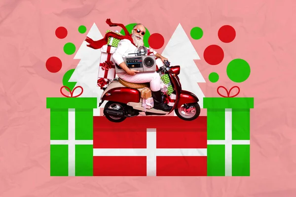 独具匠心的迷你祖父驾驶摩托车送礼品盒的拼贴图片 在油漆背景下被隔离 — 图库照片