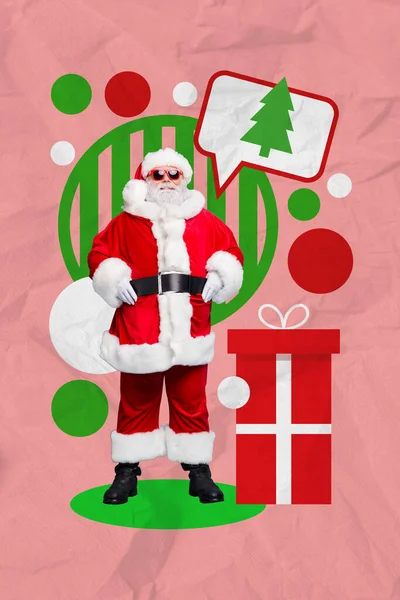 Colagem Vertical Idade Funky Santa Acho Conversa Newyear Evergreen Árvore — Fotografia de Stock