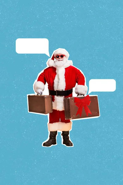 Vertikale Kreative Collage Aus Funky Gealterten Weihnachtsmann Halten Zwei Koffer — Stockfoto