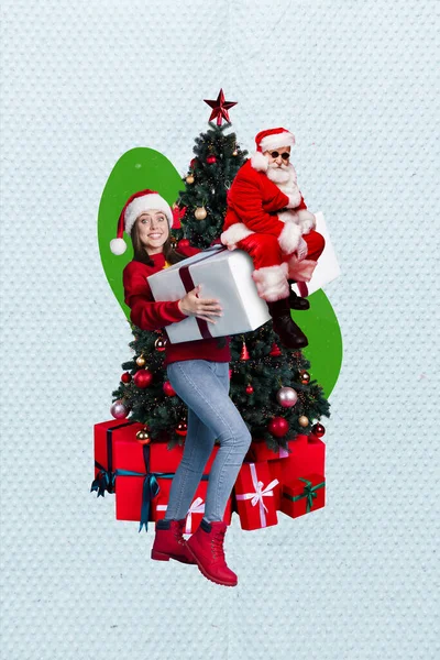 Collage Photo Banner Excited Funky Woman Wear Christmas Outfit Hold — Foto Stock