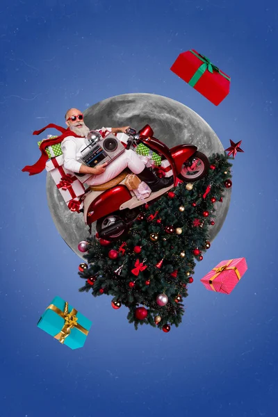 Collage Picture Old Swag Santa Claus Drive Motorbike Christmas Tree — Stock Photo, Image