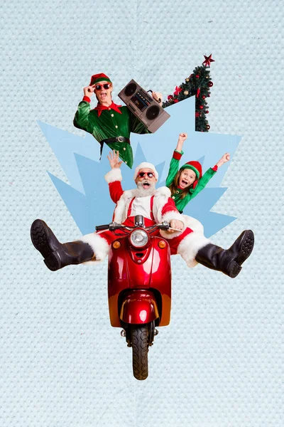 Collage Banner Old Grandfather Saint Nicholas Hurry Drive Fast Moped — Stock Photo, Image