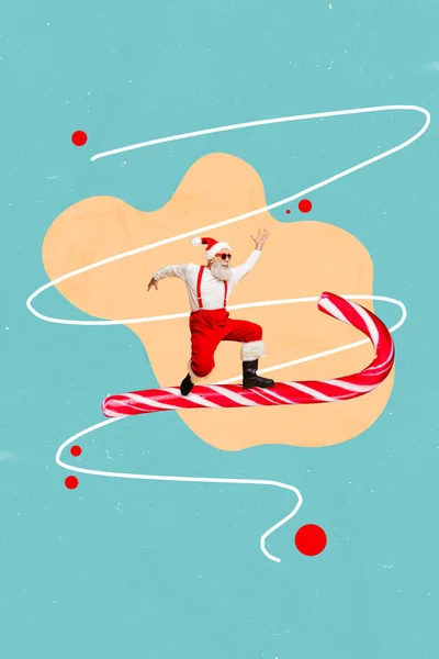 Vertikale Collage Bild Von Aufgeregten Funky Großvater Weihnachtsmann Fliegen Große — Stockfoto