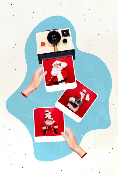 垂直拼贴手拿着打印好的即时照片卡片Santa Claus通信电话听音乐隔离在创造性的背景下 — 图库照片