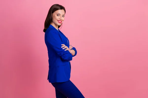 Profil Foto Unga Attraktiva Affärskvinna Bära Blå Formell Kostym Korsade — Stockfoto