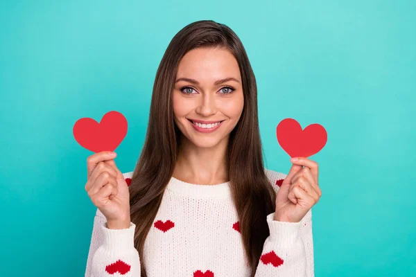 Photo Cheerful Cute Person Toothy Smile Hands Hold Small Heart — Stock Photo, Image