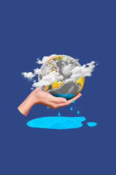 Koláž Fotografie Světová Planeta Koule Ruční Držení Kontinent Mraky Znečištění — Stock fotografie