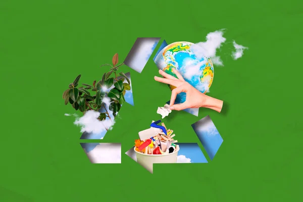 Collage Photo Concept Ecology Problems Theme Hand Throwing Garbage Plastic — Stock Photo, Image