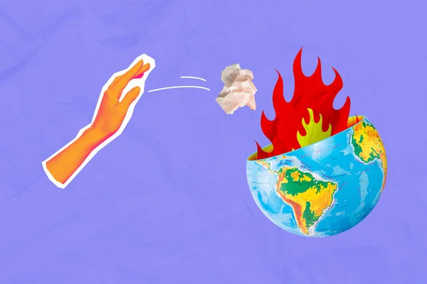 Kolaż Fotomontaż Problem Środowiskowy Globalny Ziemia Ludzka Ręka Rzucanie Papieru — Zdjęcie stockowe