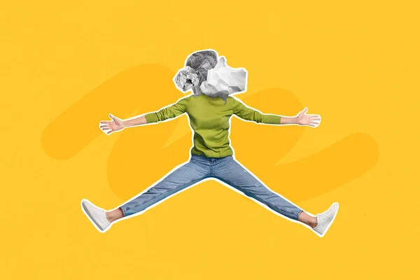 Colagem Foto Jovens Funky Jumping Trampolim Pessoa Sem Cabeça Lixo — Fotografia de Stock