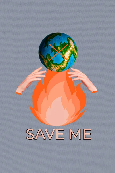 Креативный Ретро Коллаж Журнала Изображает Руки Пытающиеся Спасти Горящую Планету — стоковое фото