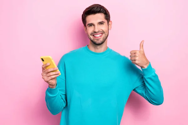 Photo Cheerful Toothy Beaming Smile Handsome Student Guy Wear Blue — Stock Photo, Image