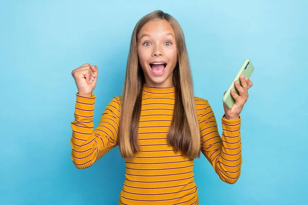 Portrait Excited Crazy Girl Raise Fist Hold Telephone Delighted Achievement — Stock Photo, Image