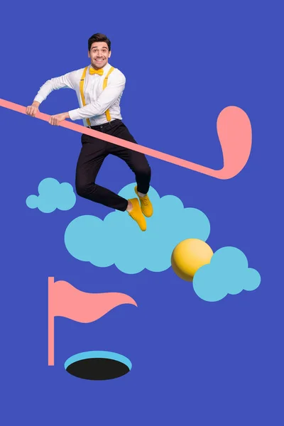 Vertikale Collage Bild Von Aufgeregten Fröhlichen Kerl Springen Halten Zeichnung — Stockfoto