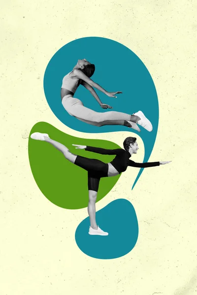 Vertikal Collage Bild Två Svart Vit Gamma Flickor Stretching Kropp — Stockfoto