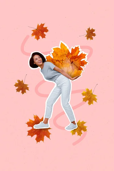 Collage artwork graphics picture of dreamy happy lady carrying big huge leaves pile isolated painting background.