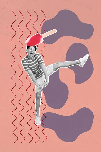 垂直創造的な写真コラージュのクレイジー面白い正の黒男ダンスアイス上の頭の上にピンク色の背景に孤立 — ストック写真