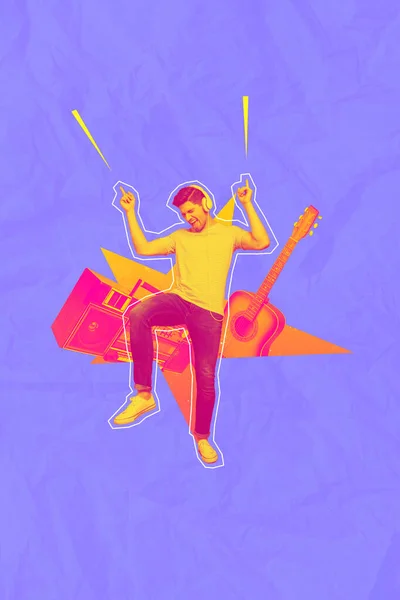 創造的な写真3Dコラージュアートワークポストカードポスターのファンキークレイジー男は一晩中絵の背景に隔離されたコンサートをお楽しみください — ストック写真