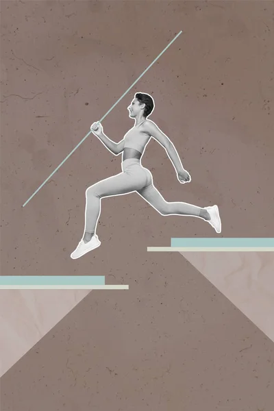 艺术品杂志拼贴的有目的的女士跑步抛掷长矛的图片隔离的绘画背景 — 图库照片